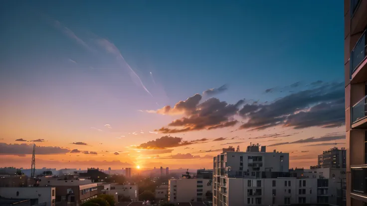 Design a vibrant YouTube thumbnail background featuring an overshot view of an apartment complex in the foreground with a breathtaking sunset in the background. The sunset should cast bold hues of orange, pink, and purple, creating a dynamic and eye-catchi...