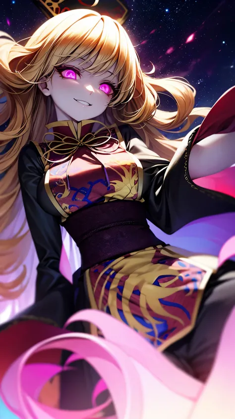 （Ultra High Quality,super high definition,16k,super masterpiece,Ultra HD ,detailed shading and background,）taken from below, one older sister,black crown,long blond hair with waves,Chinese clothing, Aggressive Smile, glowing eyes,Starry sky background,purp...