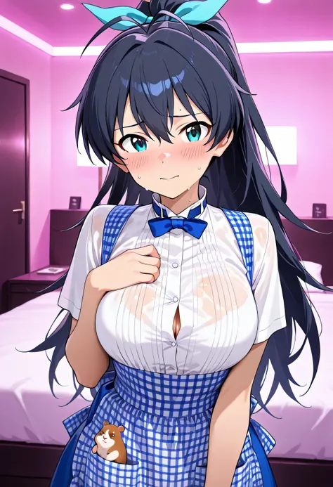  The Idolmaster, 1girl ,Hibiki Ganaha,hotel bed,kobeya uniform,blue bow, blue bowtie, white shirt, short sleeves, blue skirt, Blue apron, gingham apron, employee uniform, high-waist skirt,sweat,wet,big breasts,(blush:1.5),(beautiful girl:1.3),masterpiece,P...