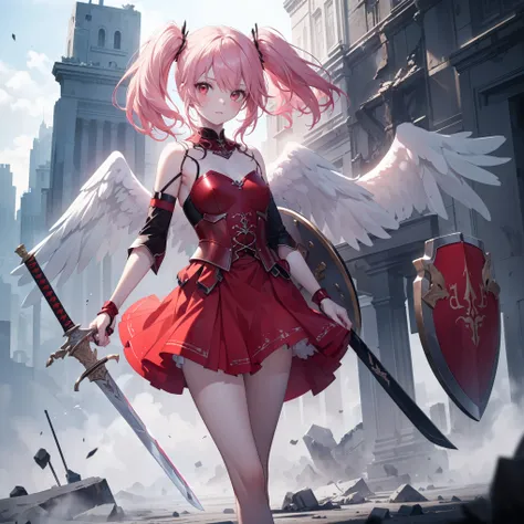 ((Angel girl with sword and shield)), High-quality, masterpiece, delicate hair, intricate eyes, high resolution, exceptional detail, photo-realistic, ((a single girl, full-body depiction, cute girl, beautiful girl, long pink hair, twin-tails, red eyes, ang...