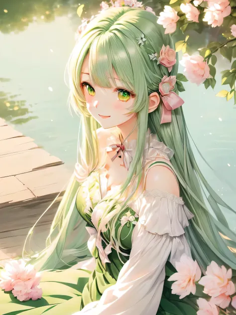 Anime smiling girl、sitting in a tree with long green hair and a green dress,  detailed digital animation art, BEAUTIFUL ANIMATED PORTRAIT, Beautiful anime style , open your mouth, beautiful anime girl crawling on the bed, portrait of a cute anime girl, sof...
