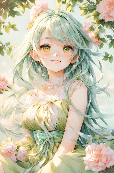 Anime smiling girl、sitting in a tree with long green hair and a green dress,  detailed digital animation art, BEAUTIFUL ANIMATED PORTRAIT, Beautiful anime style , open your mouth, beautiful anime girl crawling on the bed, portrait of a cute anime girl, sof...