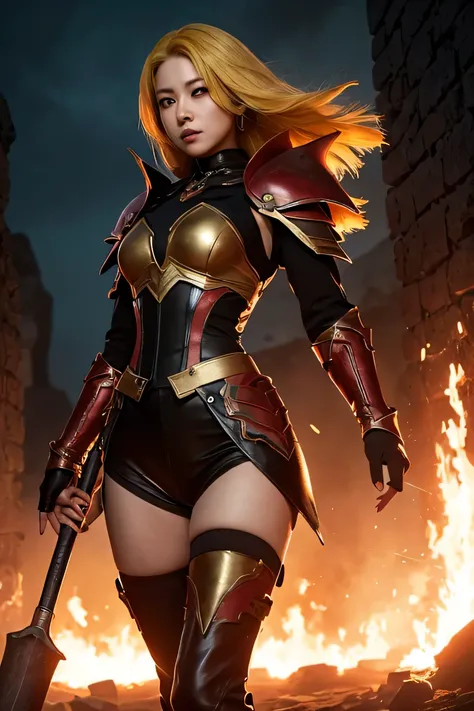 A hyper-realistic, cinematic photoshoot of a 35-year-old Korean female idol singer with dyed, vibrant yellow hair, locked in a fierce battle against a towering demon in a fiery, hellish dungeon. She stands confidently, radiating both elegance and power, wi...