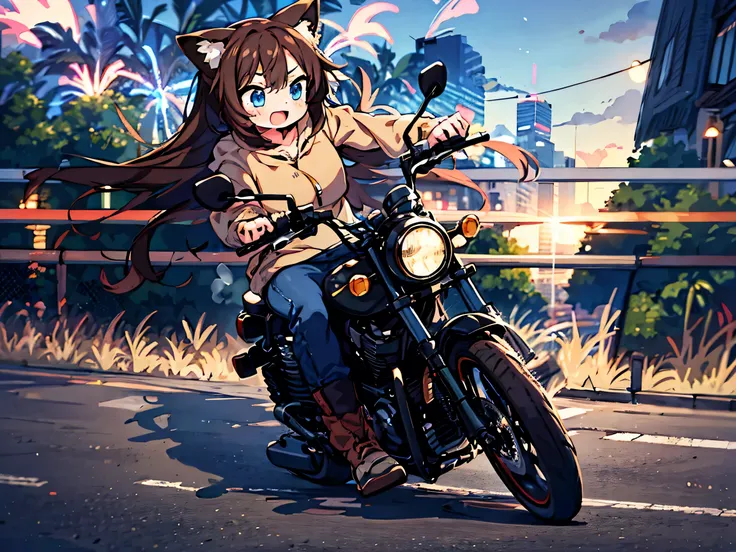    anime style、 cute face、 girls on the left、Fox Ears、brown hair、 blue eyes、long hair、 beige hoodie 、jeans、driving a motorcycle、While driving on a motorcycle、Sense of acceleration 、Sprint、smoke from tires、cornering