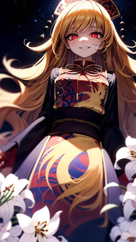 （Ultra High Quality,super high definition,16k,super masterpiece,Ultra HD ,detailed shading and background,）taken from below, one older sister,black crown,long blond hair with waves,Chinese clothing, Aggressive Smile, glowing eyes,Starry sky background,purp...