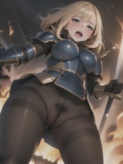 (round orgasm face), drooping eyes, shame, blush),female fighter, armor, shame, blush, pubic hair saint, muscular thighs, (dark pantyhose with pubic hair), sword masturbation, shield, high boots, open mouth, drooling, moving pose, angle from below,  