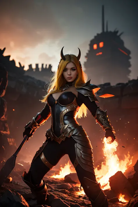 A hyper-realistic, cinematic photoshoot of a 35-year-old Korean female idol singer with dyed, vibrant yellow hair, locked in a fierce battle against a towering demon in a fiery, hellish dungeon. She stands confidently, radiating both elegance and power, wi...