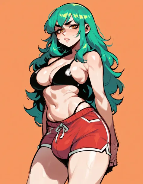 Futanari; green hair; long hair; big tits; black bikini; red shorts; dick; safe to work content; dark orange background 