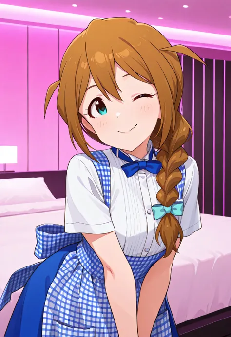 The Idolmaster Million Live, 1girl ,hotel bed,Baba Konomi,single braid,kobeya uniform,blue bow, blue bowtie, white shirt, short sleeves, blue skirt, Blue apron, gingham apron, employee uniform, high-waist skirt,model posing, slouching forward,wink, one eye...
