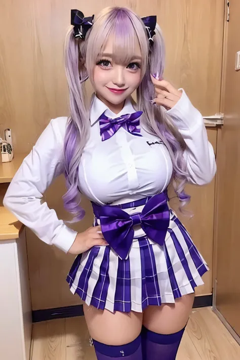 blond hair、low twin tail with purple bow hair accessory、 has bangs、smile、Big Breasts、 sexy body、 purple bow tie 、半袖のWhiteShirt、 plaid pleated mini skirt 、white knee-high socks、 standing in a school classroom