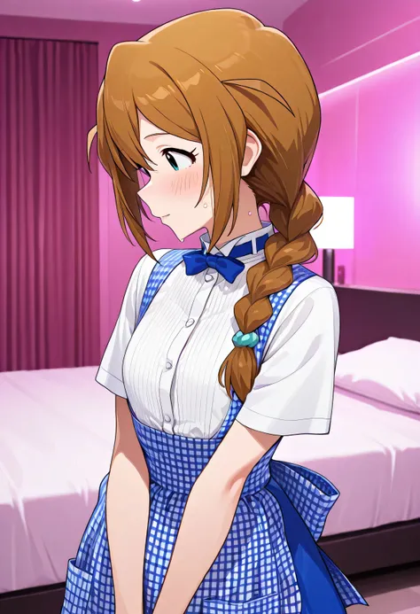 The Idolmaster Million Live, 1girl ,hotel bed,Baba Konomi,single braid,kobeya uniform,blue bow, blue bowtie, white shirt, short sleeves, blue skirt, Blue apron, gingham apron, employee uniform, high-waist skirt,blush,sweat,(beautiful girl:1.3),masterpiece,...
