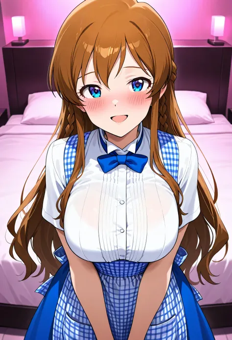 The Idolmaster Million Live, 1girl ,umi kousaka,hotel bed,Long hair with 2 long braids, blue eyes,kobeya uniform,blue bow, blue bowtie, white shirt, short sleeves, blue skirt, Blue apron, gingham apron, employee uniform, high-waist skirt,pretty big breasts...