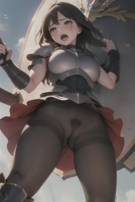 (round (orgasm face)), drooping eyes, shame, blush),female fighter, armor, shame, blush, pubic hair saint, muscular thighs, (dark pantyhose with pubic hair), sword masturbation, shield, high boots, open mouth, drooling, moving pose, angle from below,  