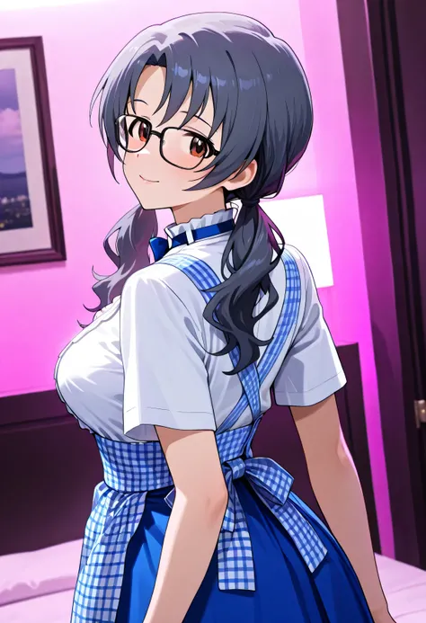 The Idolmaster Million Live, 1girl ,hotel bed,Takayama sayoko ,black rimmed glasses,low twintails,kobeya uniform,blue bow, blue bowtie, white shirt, short sleeves, blue skirt, Blue apron, gingham apron, employee uniform, high-waist skirt,busty,(beautiful g...