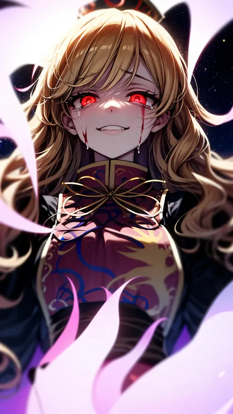 （Ultra High Quality,super high definition,16k,super masterpiece,Ultra HD ,detailed shading and background,）taken from below, one older sister,black crown,long blond hair with waves,Chinese clothing, Aggressive Smile,Blood Tears, glowing eyes,Starry sky bac...