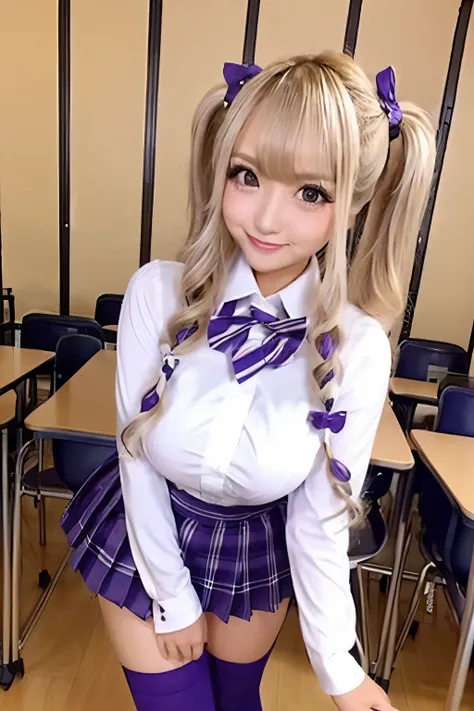 blond hair、 low twin tails、 has bangs、smile、Big Breasts、 sexy body、 purple bow tie 、半袖のWhiteShirt、 plaid pleated mini skirt 、white knee-high socks、 standing in a school classroom