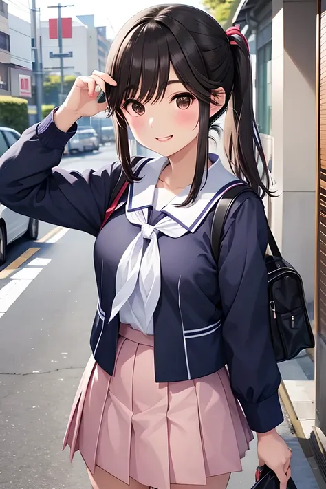 is a smiling face, wearing Japanese School Uniform, Japanese School Uniform, Japanese high school student's uniform,  and a ,  cute high school girl , school girl costume showing off, Japanese Portrait , のYu Zhiding, Check your phone, On the streets of Tok...