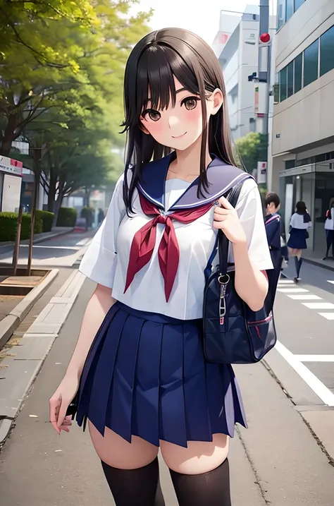 is a smiling face, wearing Japanese School Uniform, Japanese School Uniform, Japanese high school student's uniform,  and a ,  cute high school girl , school girl costume showing off, Japanese Portrait , のYu Zhiding, Check your phone, On the streets of Tok...