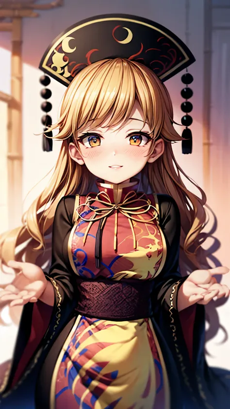 （Ultra High Quality,super high definition,16k,super masterpiece,Ultra HD ,detailed shading and background,, one older sister,black crown,long blonde hair with waves,Long-sleeved Chinese Clothes,smile,blush,Thick lips,Bamboo grove shining in the morning sun...