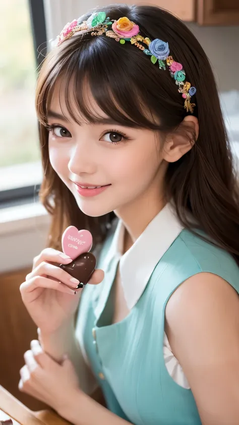 A girl makes Valentine's chocolates in the kitchen in the middle of the night. A sweet, adorable girl who is endearingly charming. Her features exude a mischievous, sweet innocence. Soft pastel hair flows in waves around her delicate face, framing large, e...