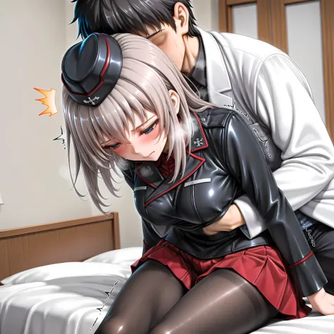 1girl and 1boy, clothed female clothed male, (hand under clothes, grabbing from behind, clothed sex, covered penetration:1.3), (sitting:1.2)
BREAK faceless male, (doctor1.2), white coat, black pants
BREAK itsumi erika AND garrison cap, black headwear, kuro...