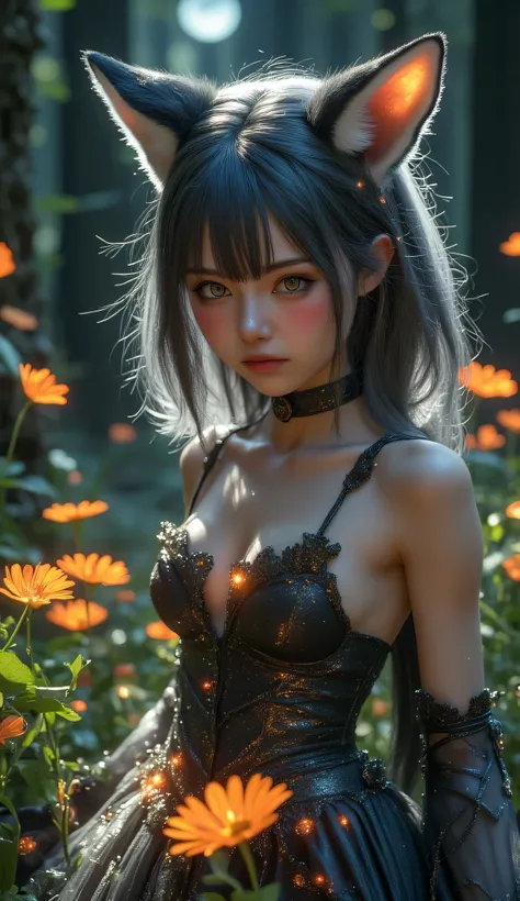 A girl with the features of a she-wolf howls at the moon in a sexy dress that is glittered on her face she has freckles on her chest, the fairy lies around the pollen, the girl's ears glow in different colors, the girl has a collar around her neck, the gir...
