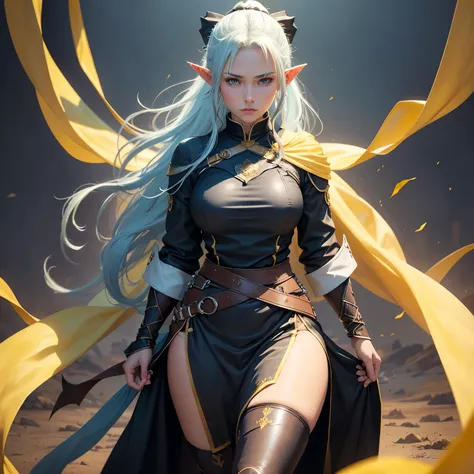 8k, masterpiece, best quality, realistic, higly detailed, cowboy shot, 1woman, solo, Sariel Sworiden, Danmachi Riveria, tall woman, jade-colored hair tied in a ponytail that reaches to her waist, jade-colored eyes, Elf ears. She wears a sly blue outfit wit...