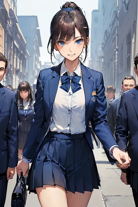 ((best quality)), ((masterpiece)), ((detailed)), (((perfect face))), (((slender 18yo girl))), ((((navy blue jacket, white button shirt)))), ((((dark blue pleated skirt)))), ((dark brown hair)), ((short ponytail)), (((blue eyes))), ((happy)), ((smiling)), (...