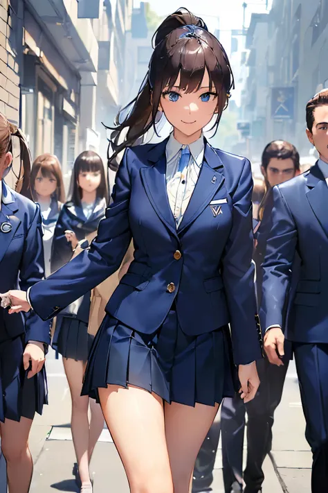 ((best quality)), ((masterpiece)), ((detailed)), (((perfect face))), (((slender 18yo girl))), ((((navy blue jacket, white button shirt)))), ((((dark blue pleated skirt)))), ((dark brown hair)), ((short ponytail)), (((blue eyes))), ((happy)), ((smiling)), (...