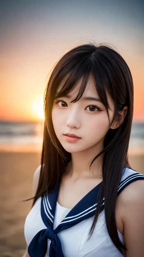 Japanese woman who looks like an idol,long hair,straight hair,round face,bust up,sailor suit,as shown in the picture,Golden sand beach at sunset ,high quality, hyper-realistic photo ,Portrait,realistic, delicate details,sharp focus, Clear Outlines , bright...