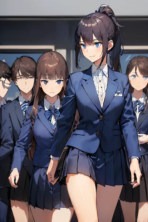 ((best quality)), ((masterpiece)), ((detailed)), (((perfect face))), (((slender 18yo girl))), ((((navy blue jacket, white button shirt)))), ((((dark blue pleated skirt)))), ((dark brown hair)), ((short ponytail)), (((blue eyes))), ((happy)), ((smiling)), (...