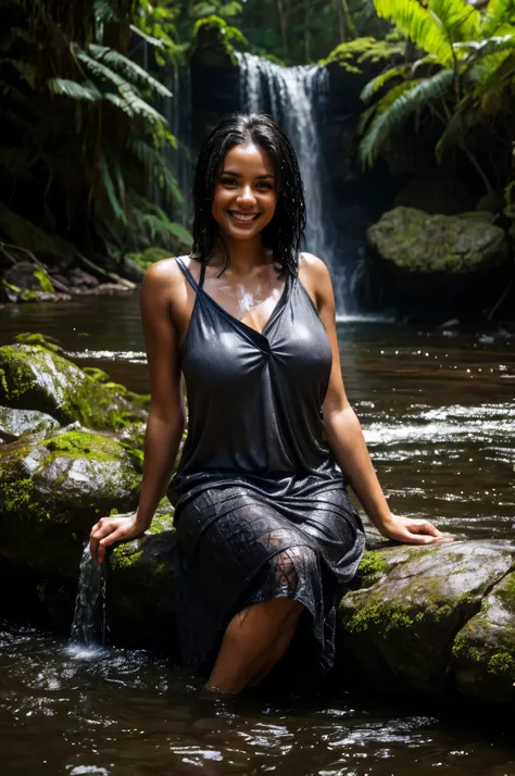 woman sitting in the water in a river, next to a waterfall, in water up to her shoulders, dripping wet, bathing in a waterfall, gorgeous lady, cute woman, gorgeous woman, in the water, gorgeous female, in a river in the jungle, yellow cardigan, dark lace c...