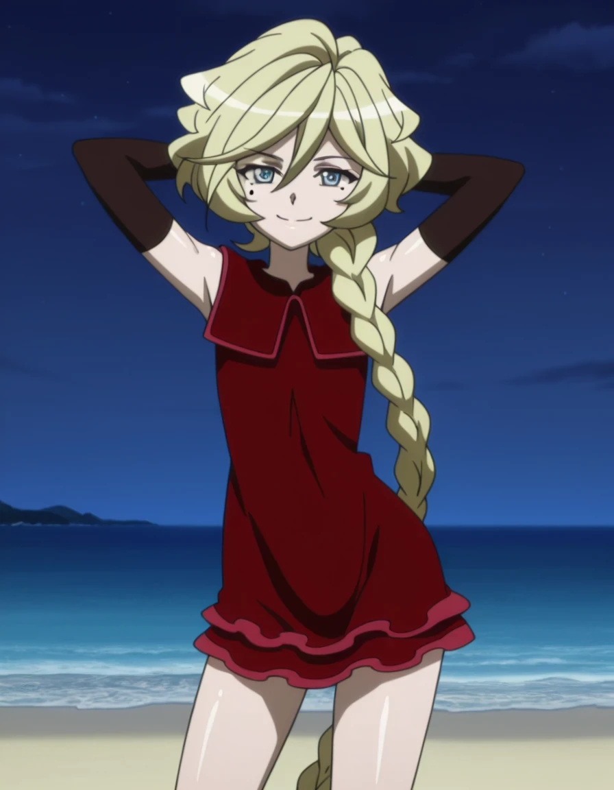 carolcasual, blonde hair, 1girl, solo, mole, mole under eye, blue eyes, braid , braided ponytail gloves, long hair, elbow gloves, braided ponytail, dress, anime screencap, shiny skin, high quality, solo, night sky, beach, hands behind head, ((contrapposto)...