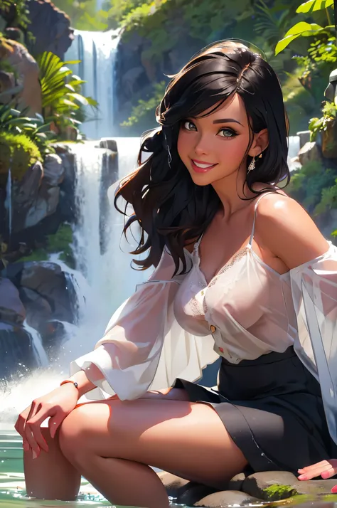 woman sitting in the water in a river, next to a waterfall, in water up to her shoulders, dripping wet, bathing in a waterfall, gorgeous lady, cute woman, gorgeous woman, in the water, gorgeous female, in a river in the jungle, yellow cardigan, dark lace c...