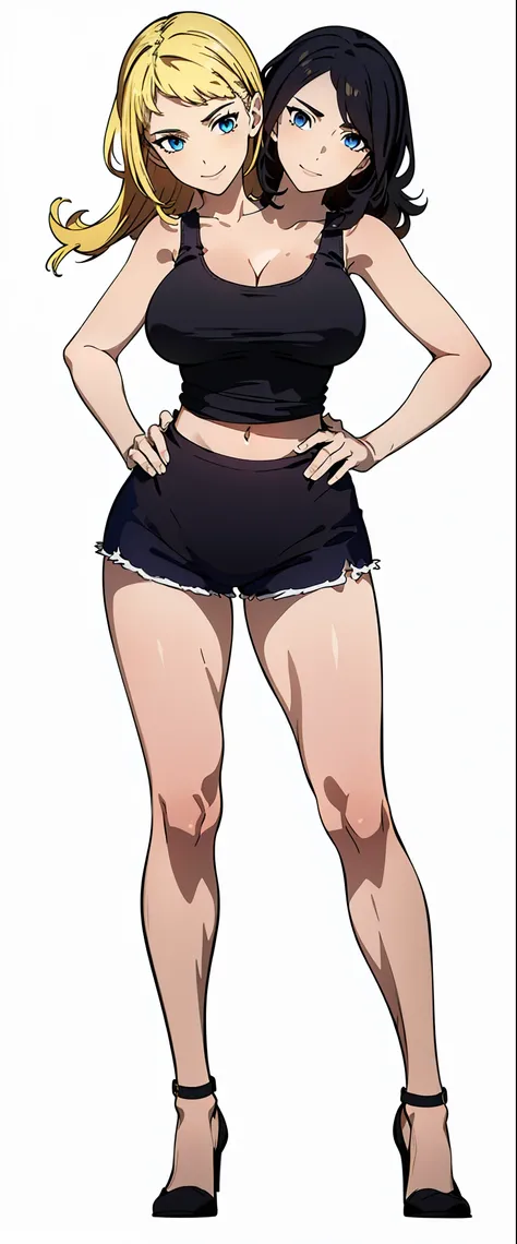best quality, (masterpiece),(ultra-detailed), (high quality), (high resolution), ((2heads:1.5)), best quality:1.5, highres, UHD, 16K), two headed woman, smiling, highres, masterpiece, ((blonde hair:1.5)), ((black hair:1.5)), (cleavage), ((black tank top:1....