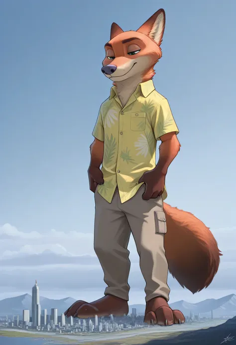  Masterpiece ,Best quality,military uniform amazing quality,
1 man, solo, a male,  man, One, fluffy, Nick Wilde, Zootopia , khaki shirts, green Hawaiian shirt, overlooks the metropolis, macro, giga-sized, 50 kilometers tall, Giant, highly detailed face, hi...