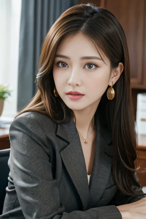 masterpiece、 best quality 、 real 、 very detailed on trends、 with finer details、High Resolution、8k wallpaper、1 beautiful woman、At the office、 Light Brown Disheveled Hair、 perfect dynamic configuration、 beautiful beautiful eyes、 Big Earrings 、 sitting on a c...