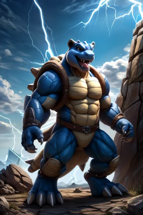 masterpiece, best quality, anthro Blastoise, open mouth, brown eyes, standing, outdoors, sky, day, tongue, cloud, fangs, claws, rock, electricity, energy