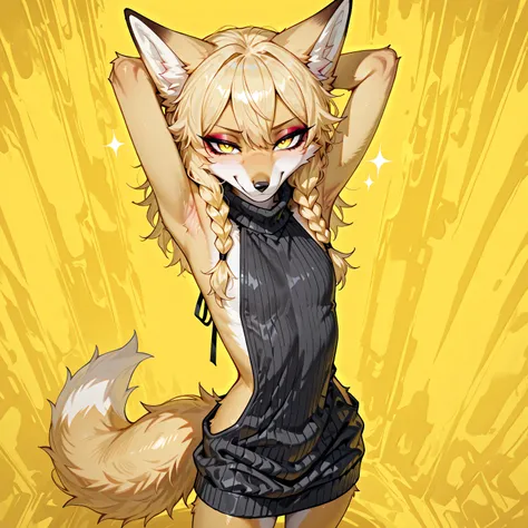 masterpiece, best quality, amazing quality, very aesthetic, high resolution, ultra-detailed, absurdres, newest, female furry, kimiko, anthro, solo, 1 girl, countershading, snout, furry blonde fox girl, light yellow fur, smirking, , long...