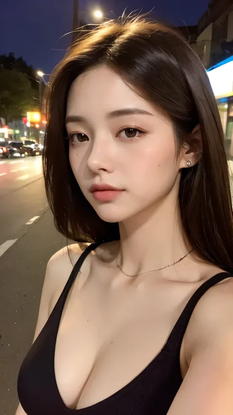 (Top、High Resolution、masterpiece:1.3)、 Beautiful Woman 、 Slim Body 、Dark Brown Hair、t-shirt、(City night streets )、highly detailed face and skin texture、A Delicate Eyepiece、 Double Eyelids、full bodyesbian