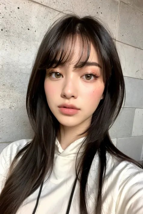 Highest quality, beautiful woman under hoodie , 28 years old , S, 35mm Lens , concrete background with rough eyeliner、Tile Background、mock neck top、 straight hair 、 straight hair 、 shiny hair, silky hair、Thick bangs、 heavy bang、 brant bang、 full bo...