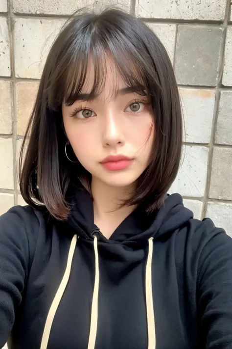 Highest quality,  beautiful woman under hoodie ,  28 years old , S, 35mm Lens ,   concrete background with rough eyeliner、Tile Background、mock neck top、  straight hair 、  straight hair 、 shiny hair,  silky hair、Thick bangs、 heavy bang、 brant bang、  full bo...