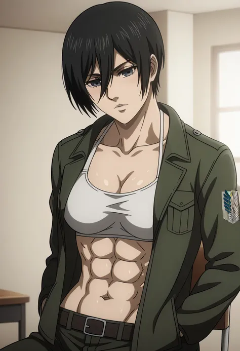 score_9, score_8_up, score_7_up, BREAK source_anime, mikasa ackrman, grey eyes, black hair, short hair, medium breasts,Mikasa wreanig open buttons  white shirt  black tight sport  Elastic  fiber  bra and red loose military trousers,mikasa with good looking...