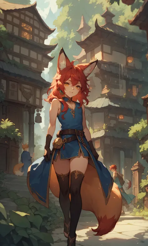 1man, fox boy, red hair, amber eyes, blue dress robe, fox ears, fox tail