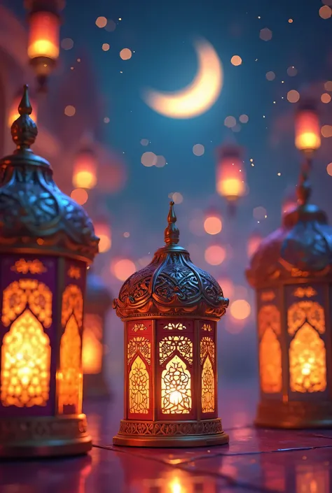 "A vibrant and festive image celebrating Ramadan 2025, no people present, focus on colorful Ramadan lanterns with intricate designs, a beautifully illuminated crescent moon, a joyful and celebratory atmosphere, rich and harmonious color palette, high detai...