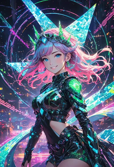 A vibrant cybernetic warrior with flowing neon pink hair and a confident smile sits atop a glowing pixelated throne. Her futuristic dark leather outfit is adorned with luminescent blue and green neon details, enhancing her rebellious and charismatic stance...