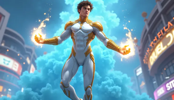 “Action Scene. Full-body. The body is floating in the air gracefully, surrounded by sky-blue smoke and sky-blue energy. A 25-year-old olive-toned white male superhero is wearing a futuristic, skin-tight white outfit with gold metal details and technologica...