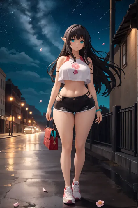 detailed image, beautiful image, an elf, dark hair, long hair, turquoise eyes, large breasts, short black waist, wide hips, thick thighs. She is wearing a crop top, thong shorts, she is standing on a street, sneakers, smiling, surrounded by a cityscape, fa...