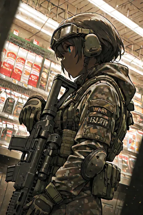 Dutch Angle Shot, The focus is on with a blurry foreground, metallic color, Female Sniper, Assault Rifle , post world, destroyed supermarkets, Inside the store,
warn , combat gloves ,
half body photo, Long Hit, left side, low angle shot, deep focus,...