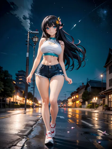 detailed image, beautiful image, an elf, dark hair, long hair, turquoise eyes, large breasts, short black waist, wide hips, thick thighs. She is wearing a crop top, thong shorts, she is standing on a street, sneakers, smiling, surrounded by a cityscape, fa...